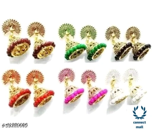 Peacock Design Multicoclor Pearl Gold Platted  Jhumka Combo of 6 - Alloy, Jhumka, Combo of 6